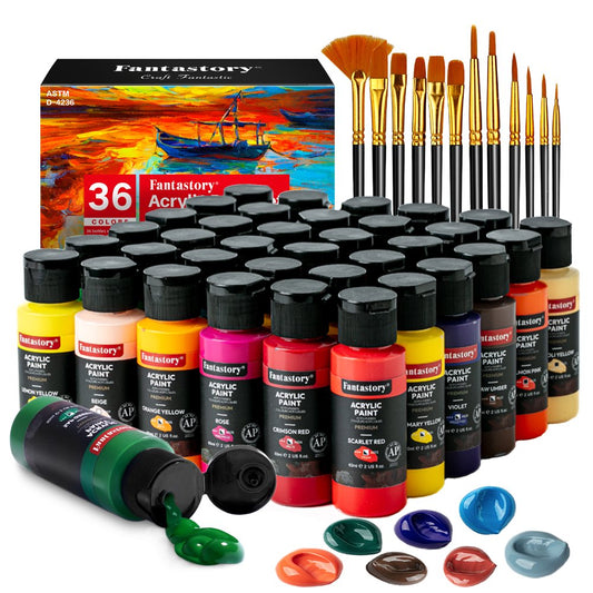 (2Oz /60Ml) Acrylic Paint Set 36 Colors with 12 Brushes for Adults and Kids